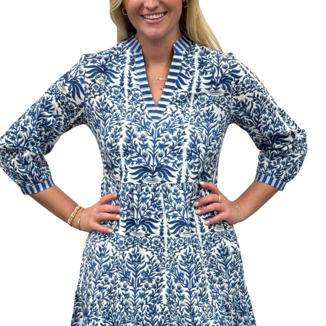 The Preston 3/4 Sleeve Cotton Block Print Dress in Blue and White — view 4