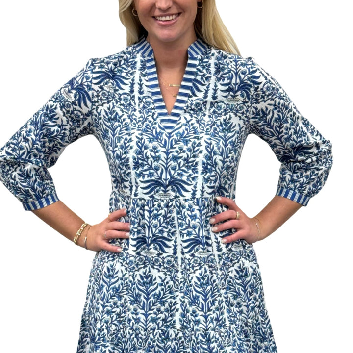The Preston 3/4 Sleeve Cotton Block Print Dress in Blue and White — view 4
