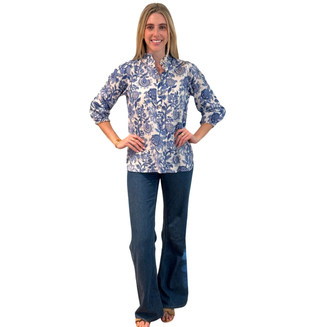 The Tricia Hand Blocked Floral Top in White and Blue Floral