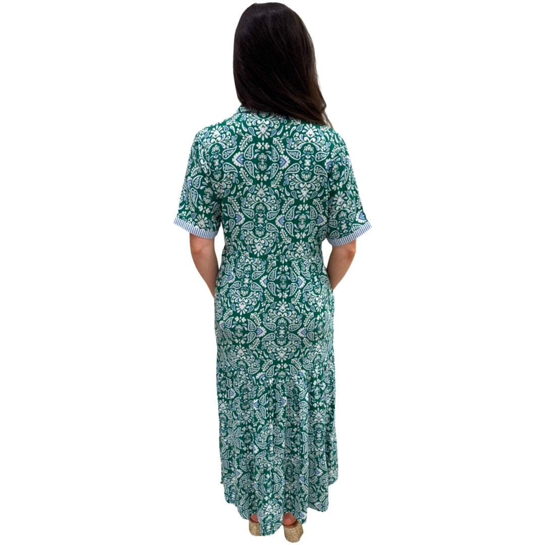 The Short Sleeve Jaqueline Dress in Green Blue With Blue Striped Trim — view 7
