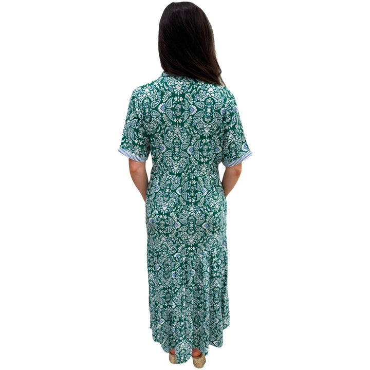 The Short Sleeve Jaqueline Dress in Green Blue With Blue Striped Trim — view 7