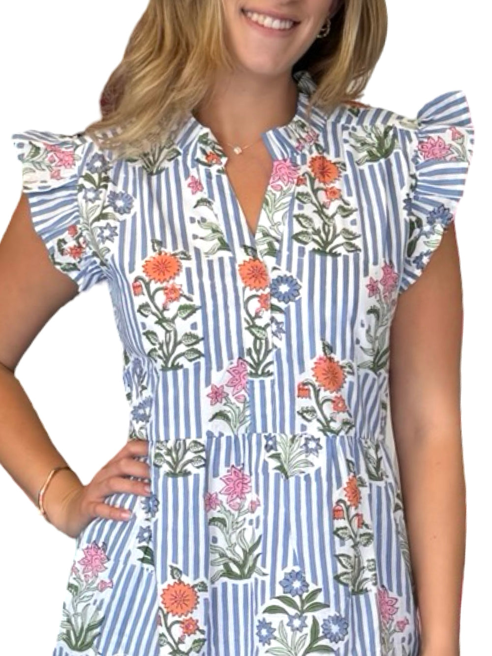 The Campbell Midi Length Flutter Sleeve Dress in Blue Striped Floral — view 2