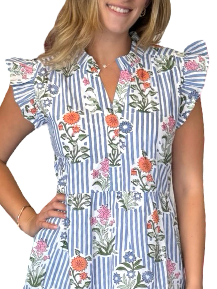 The Campbell Midi Length Flutter Sleeve Dress in Blue Striped Floral — view 2