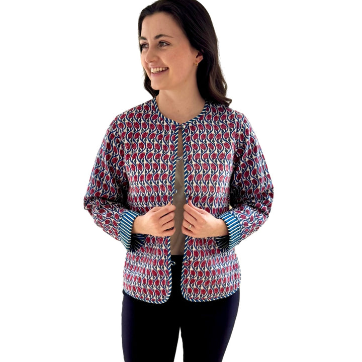 The Madeline Reversible Quilted Jacket in Blue and Red Hand Blocked Floral — view 4