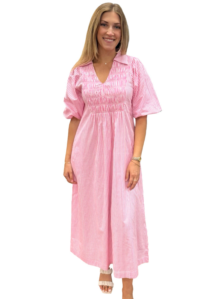 The Joanie Smocked Dress in Pink and White Stripe — view 5