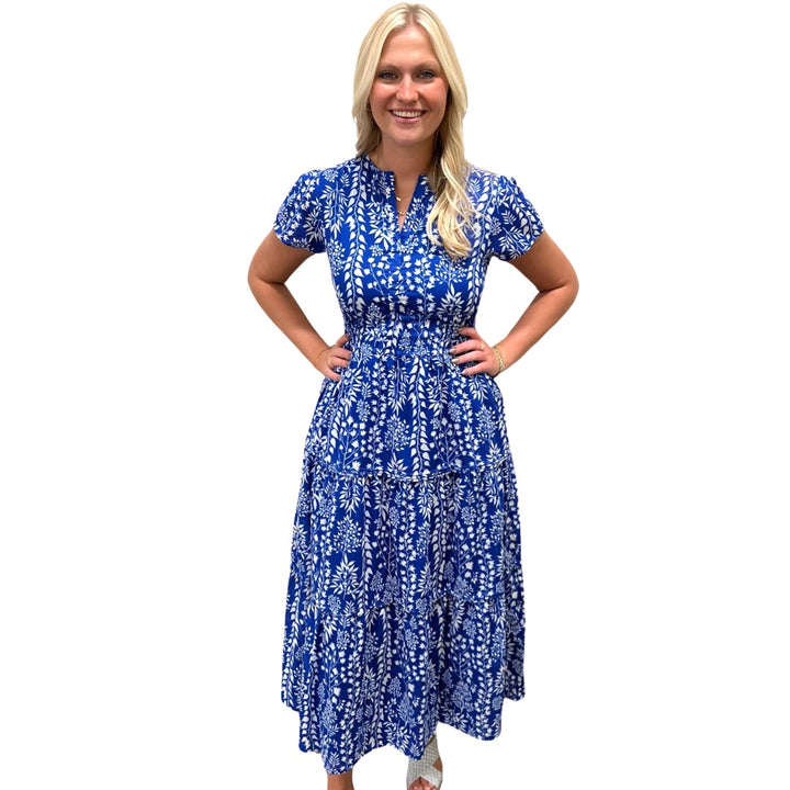 The Sydney Cinch Waist Dress in Royal and White Floral — view 3