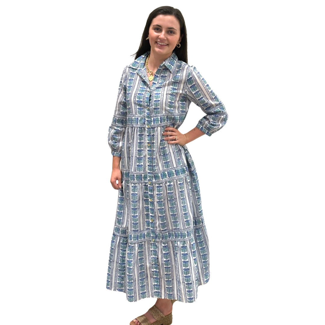 The Marilyn Cotton Button Front Blue Border Block Print Dress — view 4