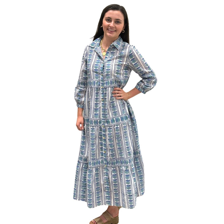 The Marilyn Cotton Button Front Blue Border Block Print Dress — view 4