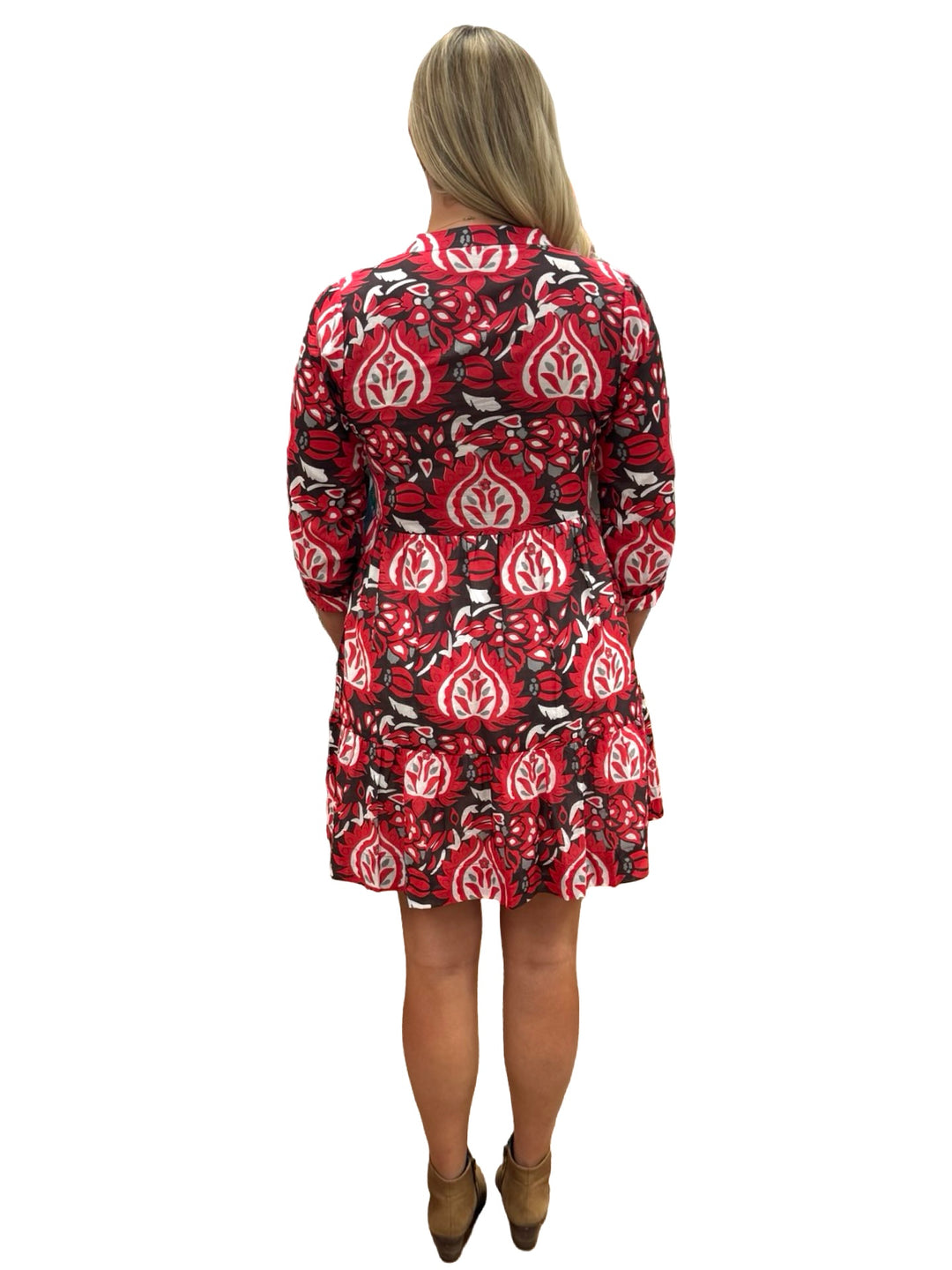 The Preston 3/4 Sleeve Cotton Dress in Red and Brown Abstract
