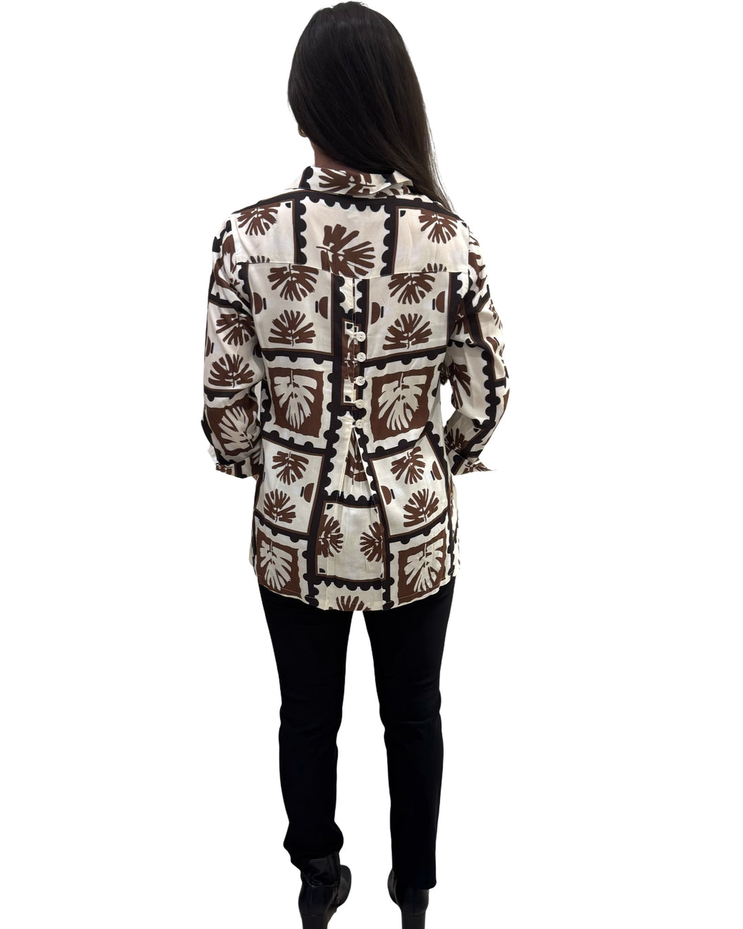 The Mason Button Back Top in Brown and Black Abstract Print — view 6
