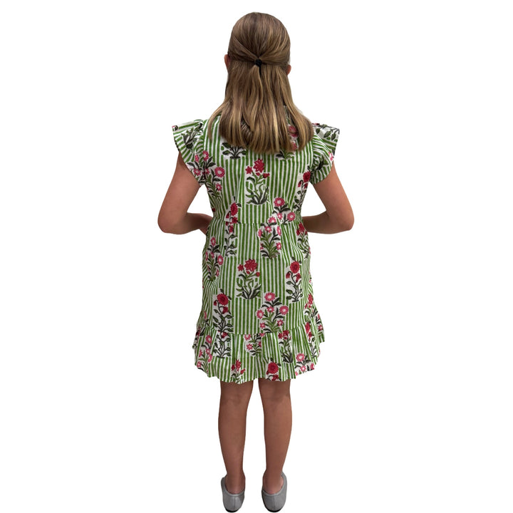 The Tinley Green Striped Floral Hand Block Dress for Girls — view 3