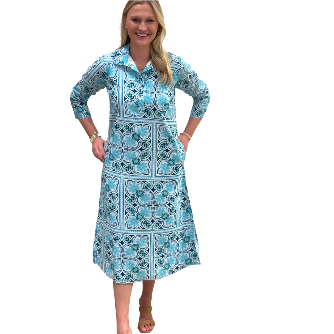 The Lisette Aqua Tile Print  Cotton Dress — view 2