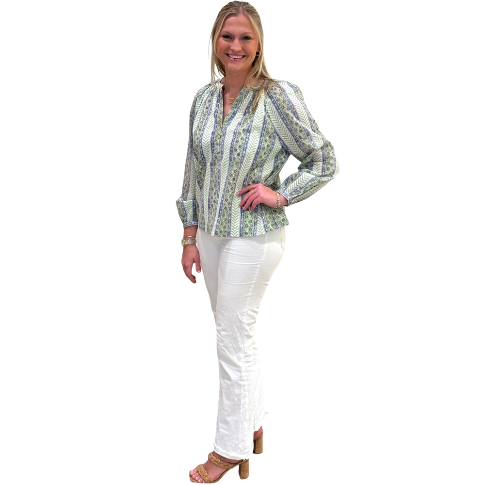 The Chandler Cotton Top in Light Green Hand Blocked Chevron Floral — view 2