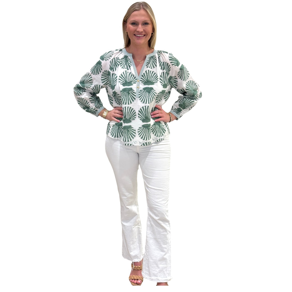 The Chandler Hand Blocked Cotton Top in Green Shell Print Cotton — view 2