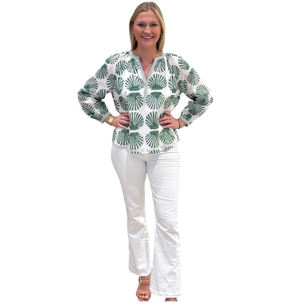 The Chandler Hand Blocked Cotton Top in Green Shell Print Cotton — view 2