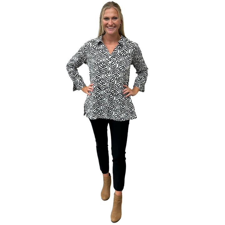 The Mason Button Back Top in Black and White Cotton Jacquard