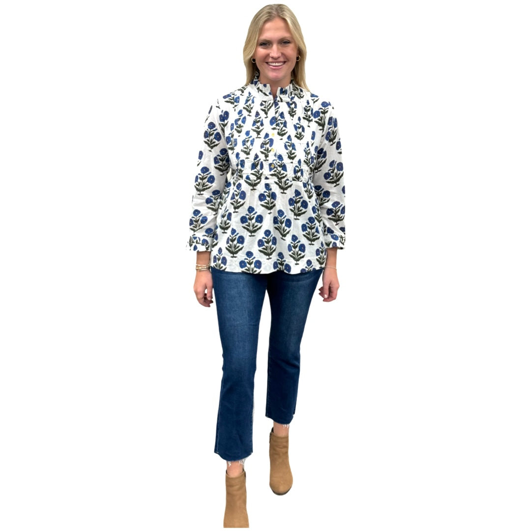 The Veronica Hand Block Smocked Top in Blue White Floral — view 3