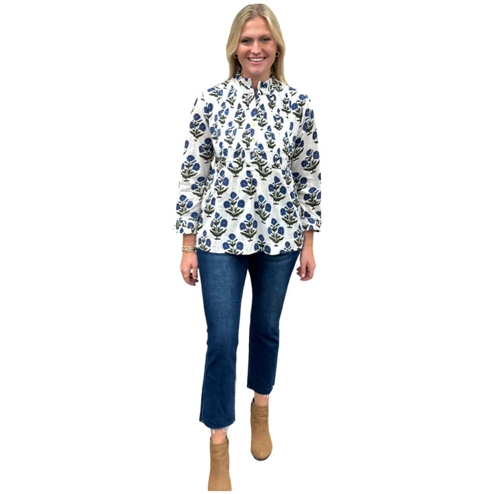 The Veronica Hand Block Smocked Top in Blue White Floral — view 3