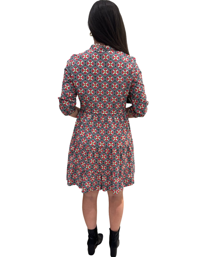 The Hamilton Tie Front Dress in Black and Red Pinwheel Print — view 6