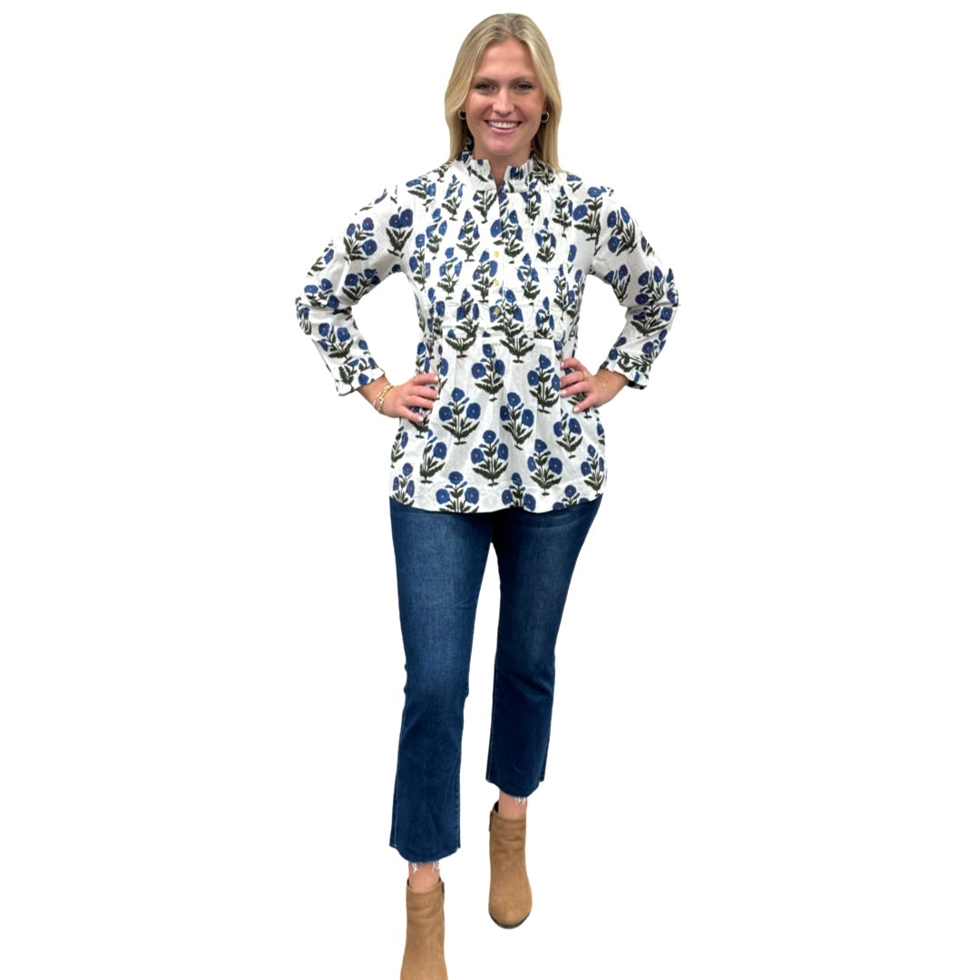 The Veronica Hand Block Smocked Top in Blue White Floral — view 5