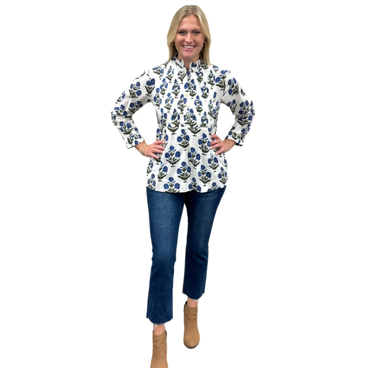 The Veronica Hand Block Smocked Top in Blue White Floral — view 5