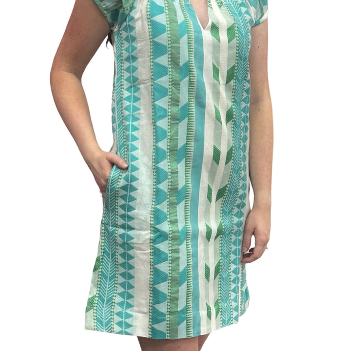 The Michelle Smocked Neck Dress in Turquoise Cream Jacquard — view 6