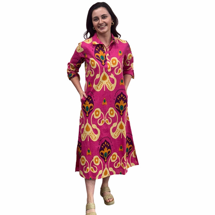 The Lisette Collared Dress in Pink Ikat — view 3