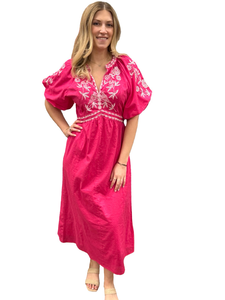 The Gabby Long Embroidered Dress in Hot Pink and White — view 3