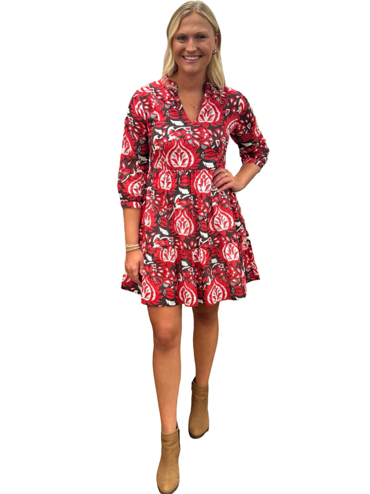 The Preston 3/4 Sleeve Cotton Dress in Red and Brown Abstract