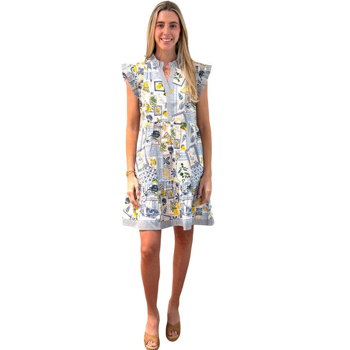The Campbell Cotton Flutter Sleeve Dress in Blue Lemon Patch Print — view 3