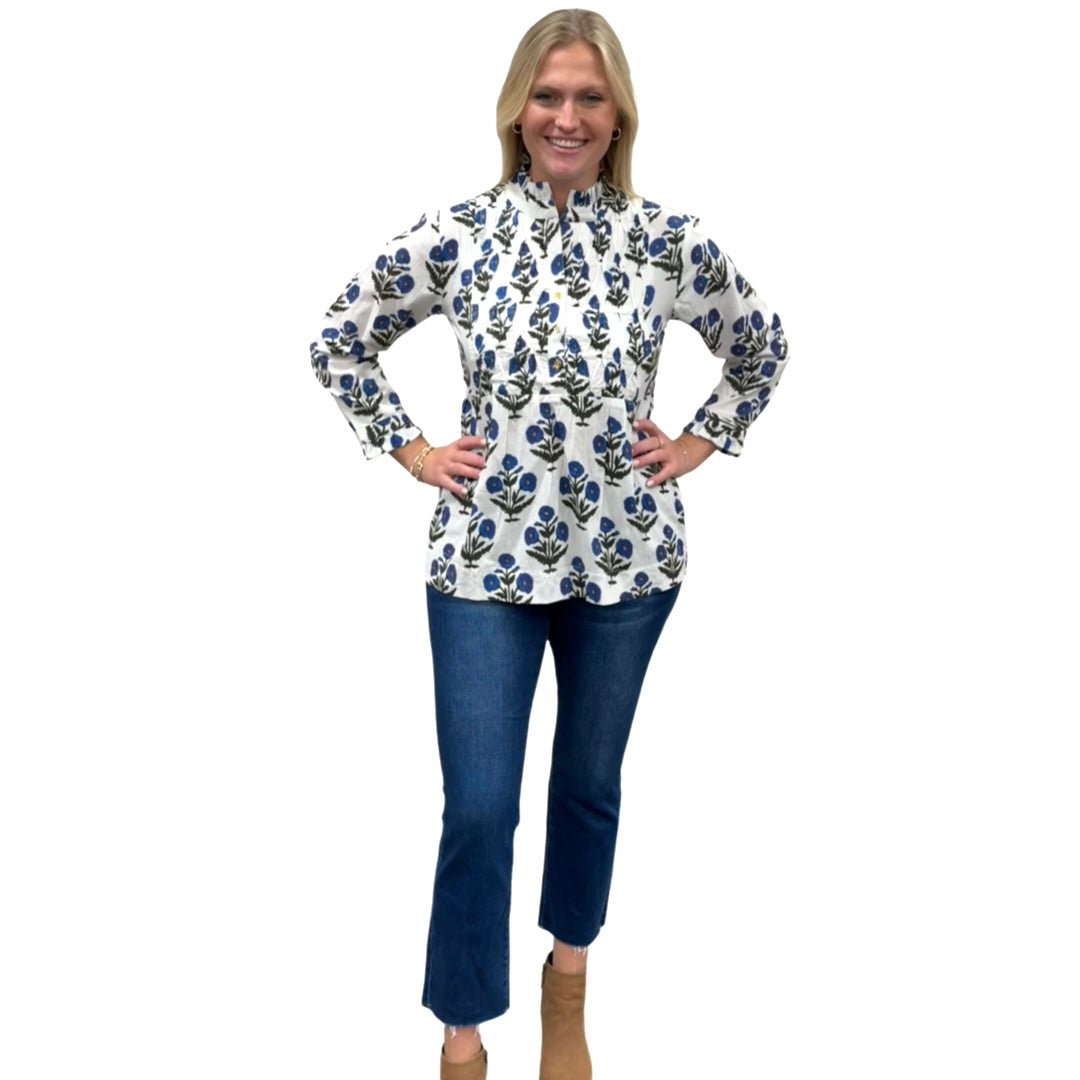 The Veronica Hand Block Smocked Top in Blue White Floral