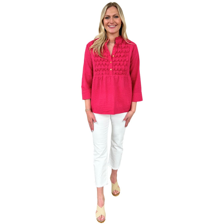 The Veronica Seer-Sucker Cotton Smocked Top in Fuschia Pink — view 3