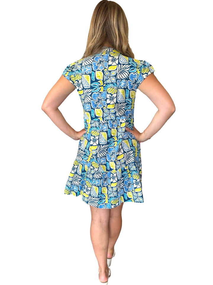 The Preston Short Sleeve Cotton Dress in Blue Green Multi — view 5