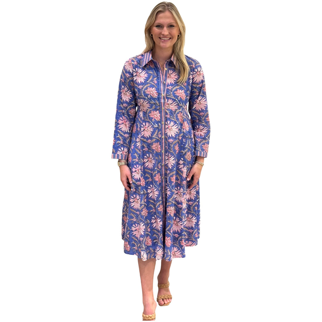 The Marion Lavender Blue and Pink Floral Hand Block Printed Dress — view 3