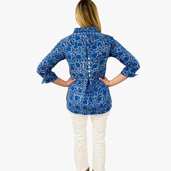 The Mason Button Back Cotton Block Print Top in Periwinkle and Blue — view 4