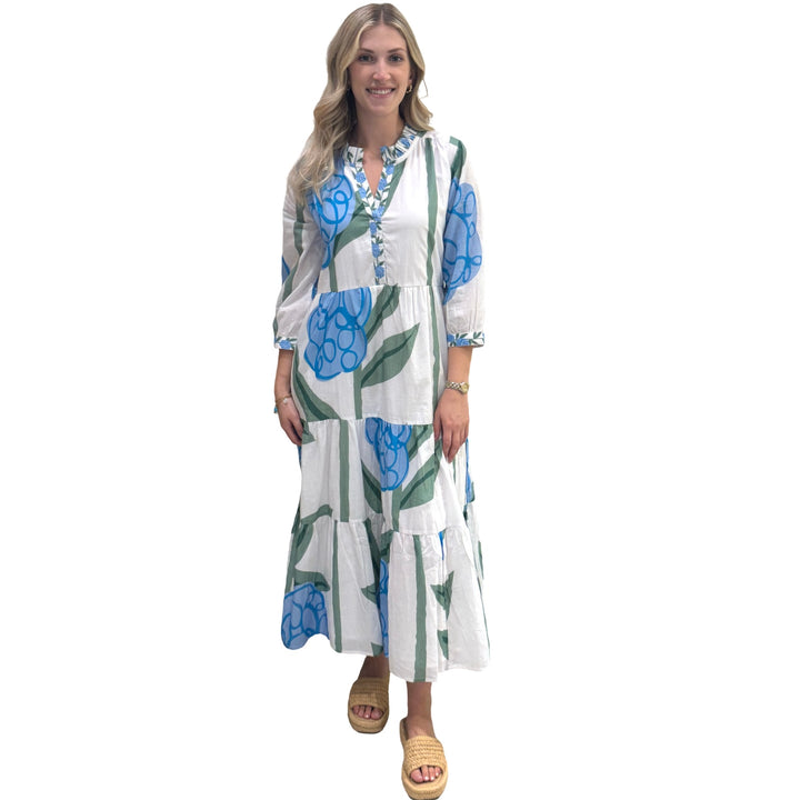 The Campbell Blue Pop Floral 3/4 Sleeve Cotton Dress
