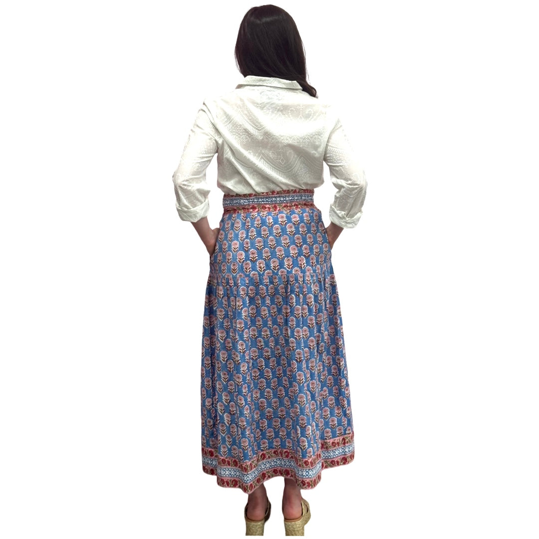 The Lila Border Trim Skirt in Blue and Pink Hand Blocked Cotton — view 9