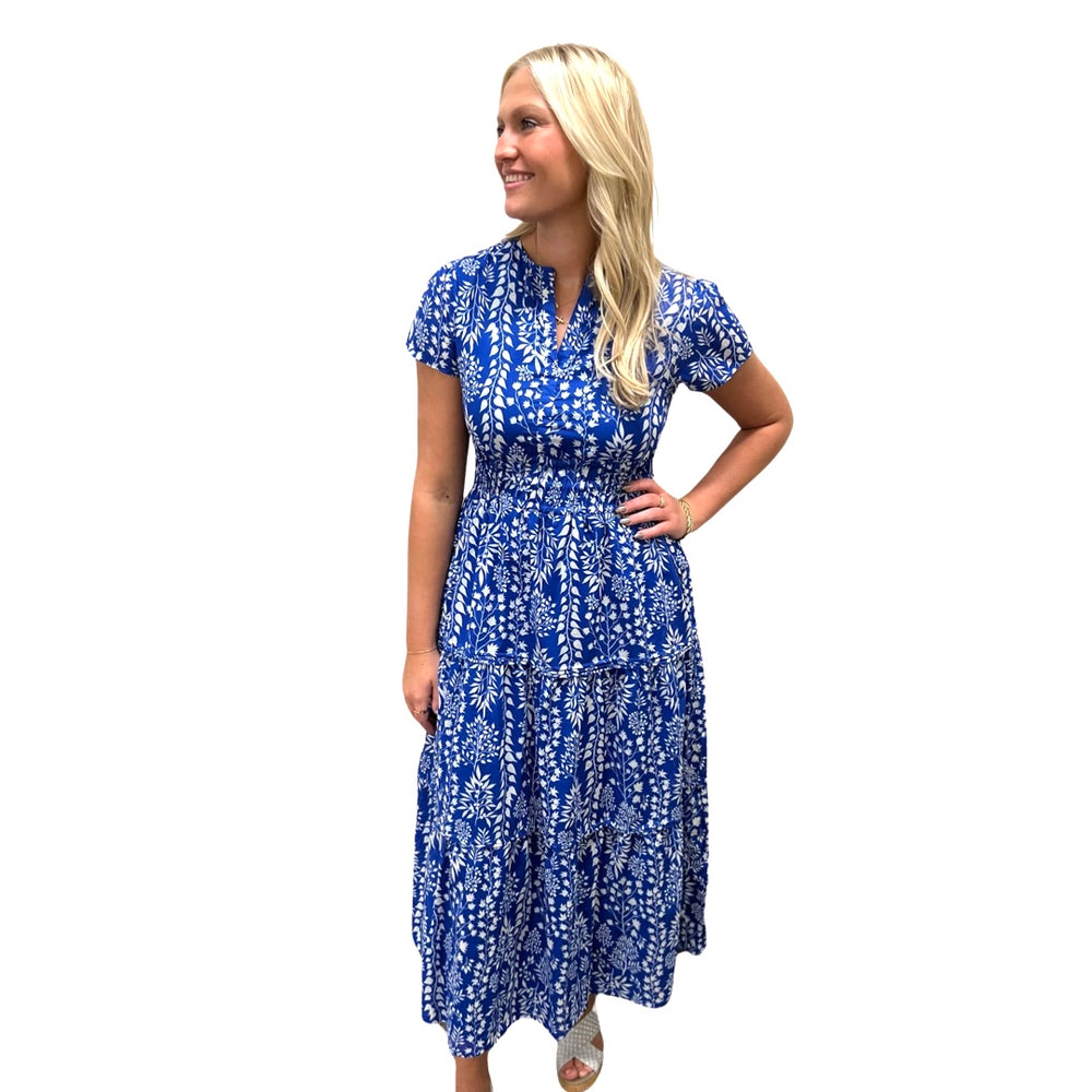 The Sydney Cinch Waist Dress in Royal and White Floral — view 2