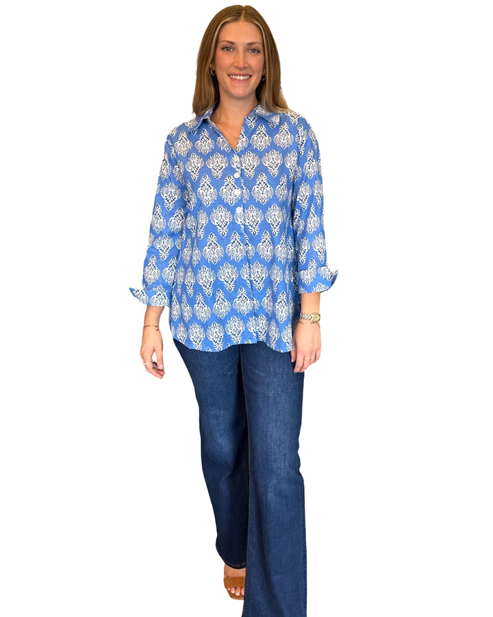 The Mason Button Back Top in Royal Blue Cotton Print