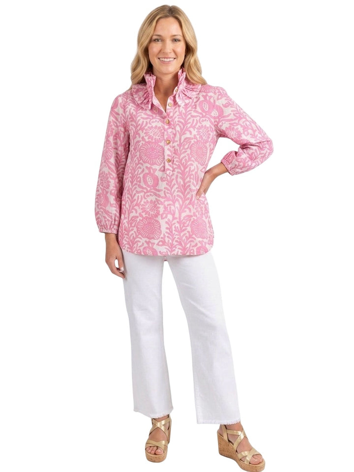 The Maria Ruffle Neck Blouse in Pink White Floral
