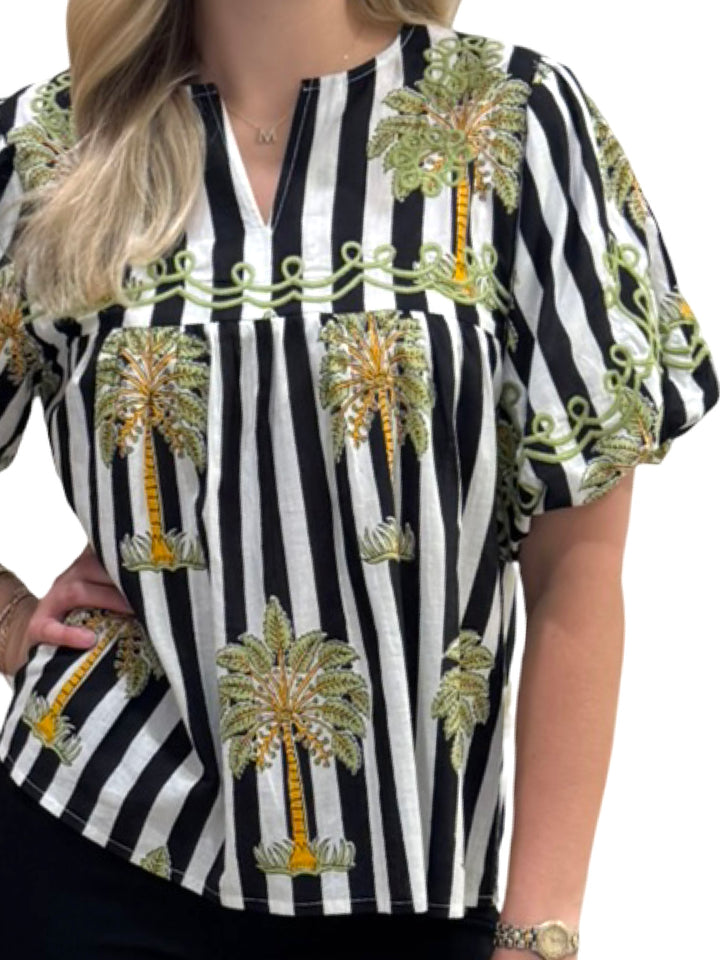 The Poppy Striped Palm Print Top in Black and White — view 4