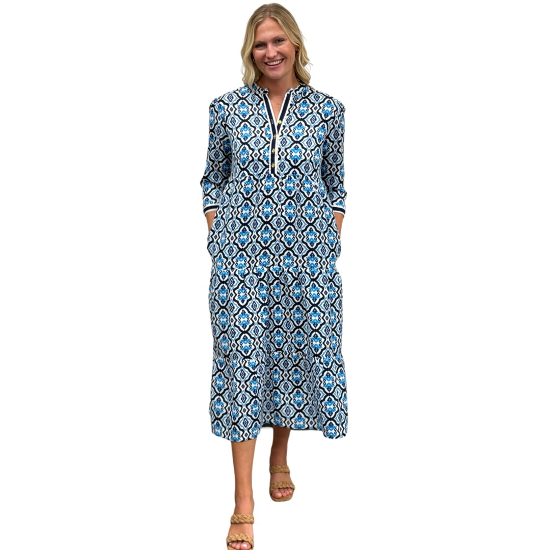 The Addison Blue White Geometric Tile Print Dress — view 4
