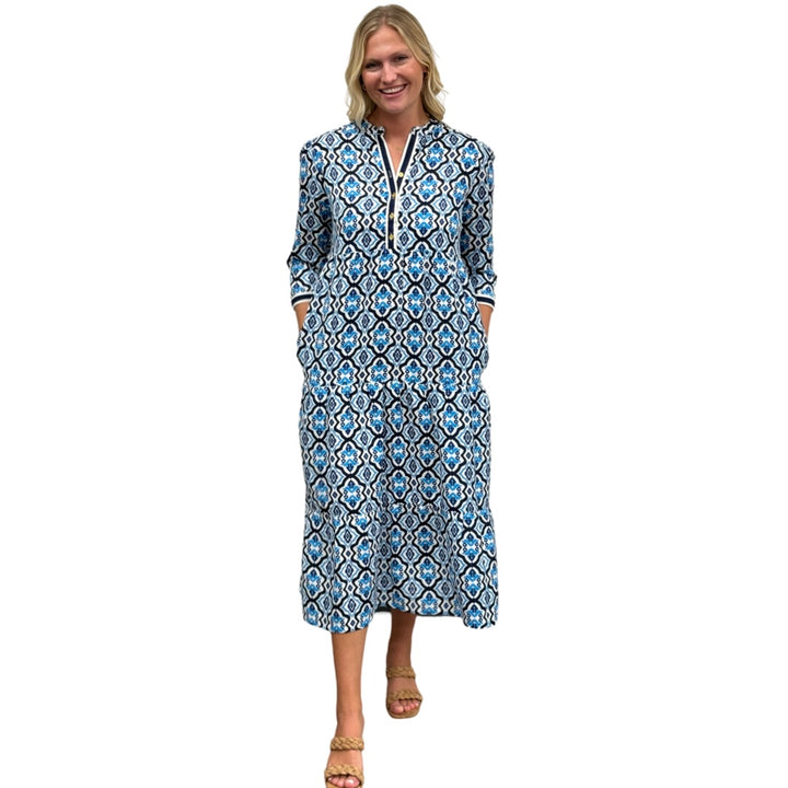 The Addison Blue White Geometric Tile Print Dress — view 4