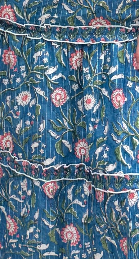 The Kara Long Length Skirt in Blue Pink Metallic Hand- Blocked Floral — view 5