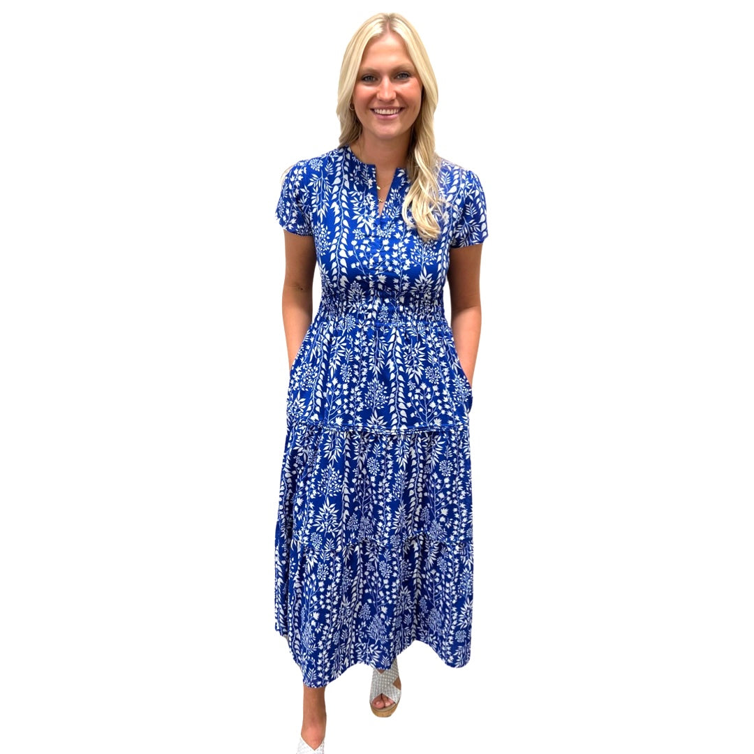 The Sydney Cinch Waist Dress in Royal and White Floral