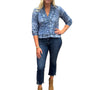 The Bella 3/4 Sleeve Ruffle Trim Top in Blue Hand Block Printed Floral
