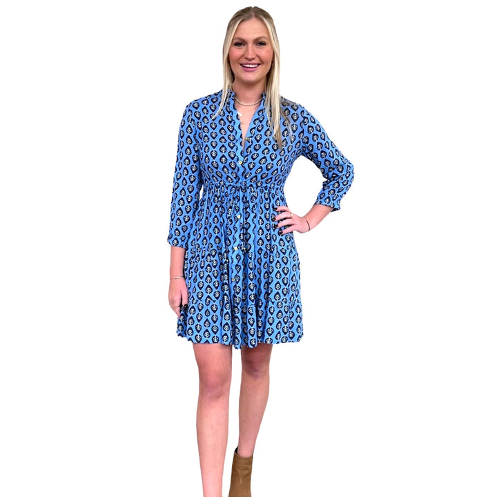 The Hamilton Cinch Tie Vibrant Blue Leaf Dress — view 2