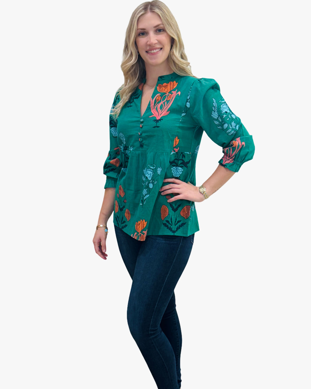 The Cameron Top in Emerald Green Floral — view 2