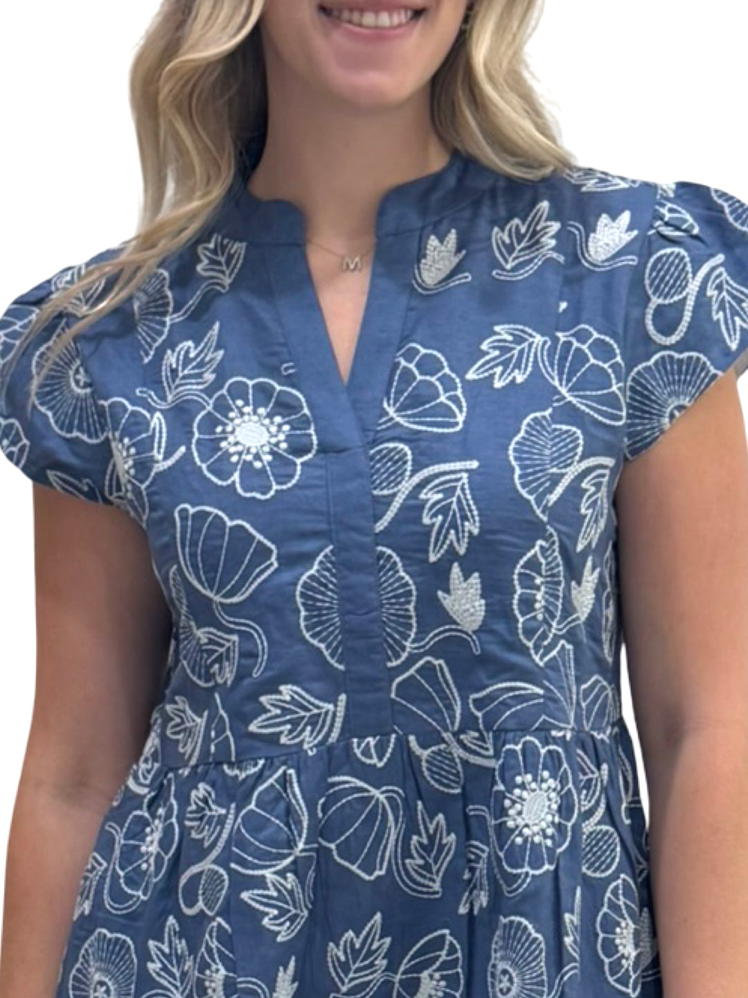 The Preston Embroidered Short Sleeve Dress in Blue white — view 4