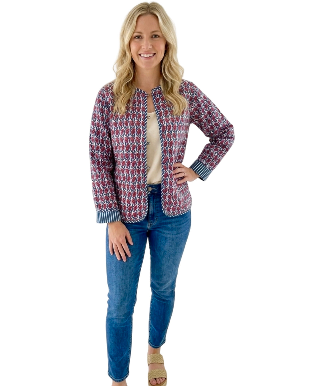 The Madeline Reversible Quilted Jacket in Blue and Red Hand Blocked Floral